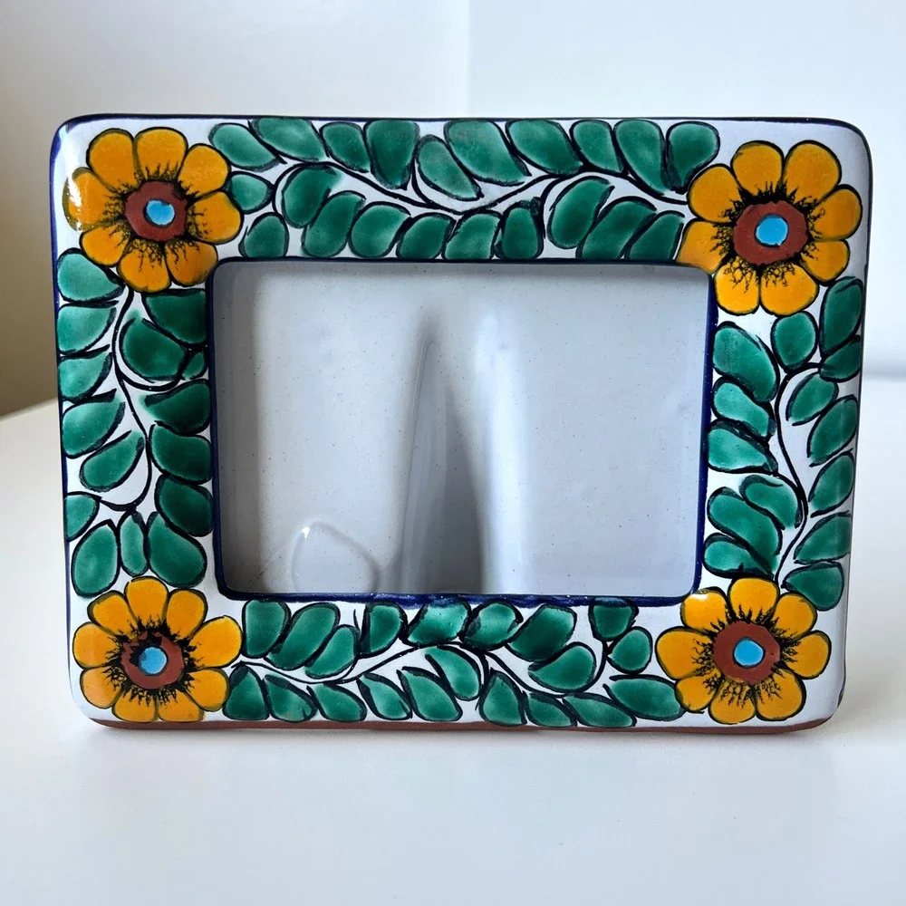 Hand Painted Talavera Ceramic Picture Frame Mexico Floral Fits 4x6 Photo